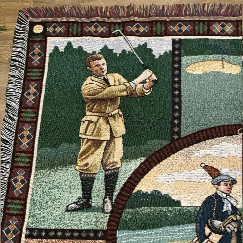 Vintage Golf Theme Woven Tapestry Throw Blanket Size 43x47 American Tapestry
